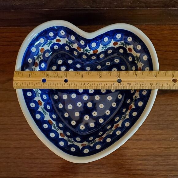 Polish Pottery Mosquito Heart Shape Plate Blue White - Picture 5 of 5